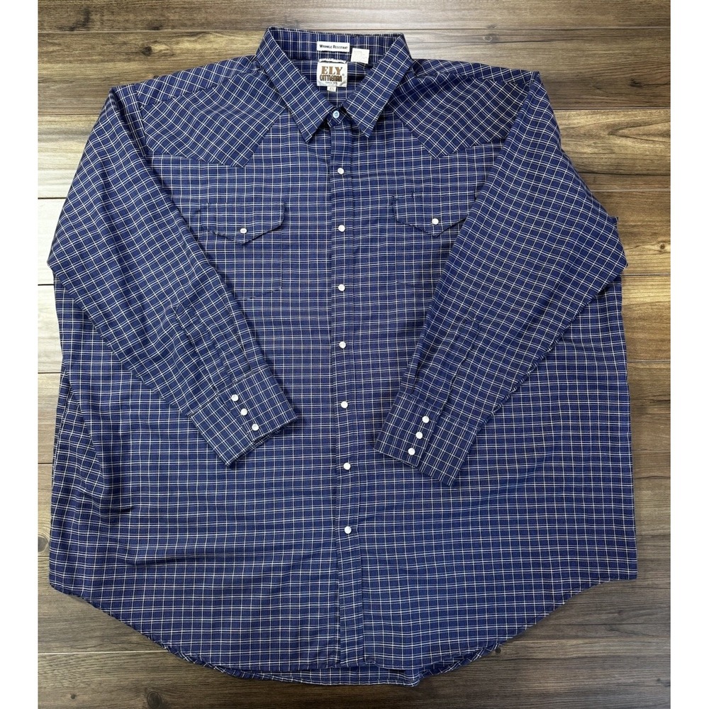 Ely Cattleman Shirt Men's 4XL Big Blue Plaid Check Pearl Snap Pockets Since 1978